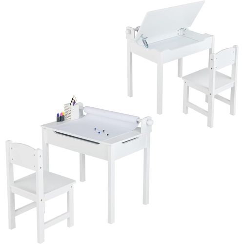 Bureau En Pin Avec Tabouret Et Plateau Rabattable Et Rouleau De Papier, Pour Enfants De 3 Ans+ Blanc