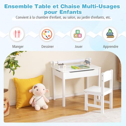 Bureau En Pin Avec Tabouret Et Plateau Rabattable Et Rouleau De Papier, Pour Enfants De 3 Ans+ Blanc