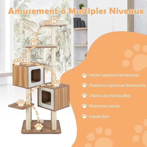 Arbre à Chat En Bois 163 Cm Avec 3 Plateformes, 2 Niches, 3 Balles, Griffoirs En Sisal, Perchoir