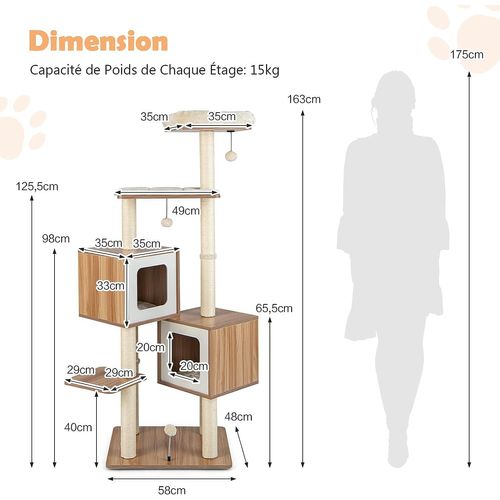 Arbre à Chat En Bois 163 Cm Avec 3 Plateformes, 2 Niches, 3 Balles, Griffoirs En Sisal, Perchoir