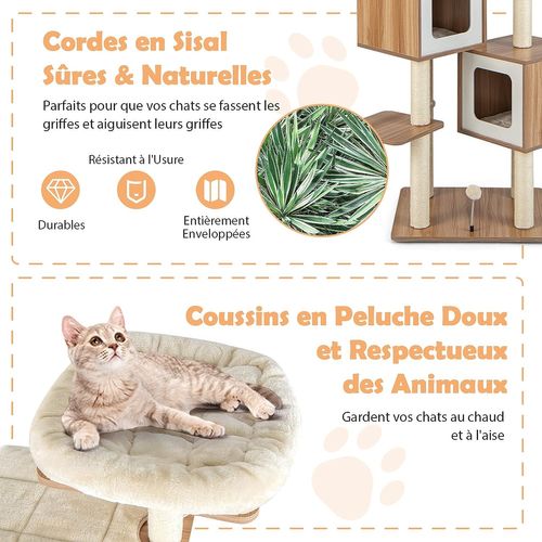 Arbre à Chat En Bois 163 Cm Avec 3 Plateformes, 2 Niches, 3 Balles, Griffoirs En Sisal, Perchoir