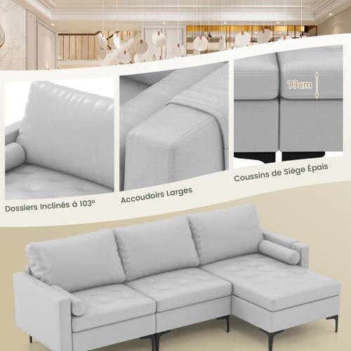 Canapé Convertible à 3 Places, Canapé D'angle En Cuir Aérien Avec 2 Ports USB,chaise Longue Moderne