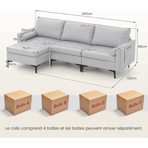 Canapé Convertible à 3 Places, Canapé D'angle En Cuir Aérien Avec 2 Ports USB,chaise Longue Moderne