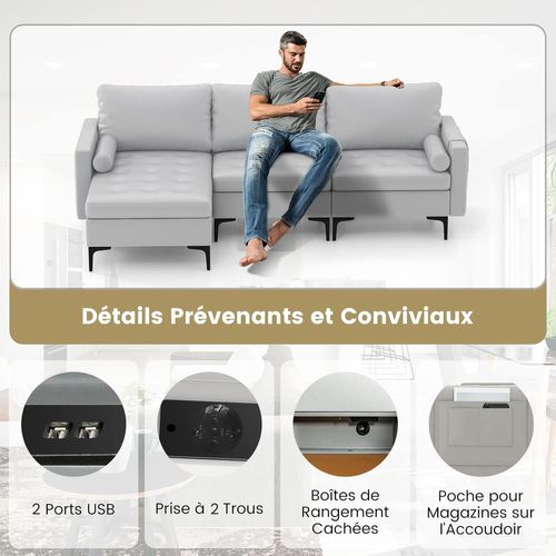 Canapé Convertible à 3 Places, Canapé D'angle En Cuir Aérien Avec 2 Ports USB,chaise Longue Moderne