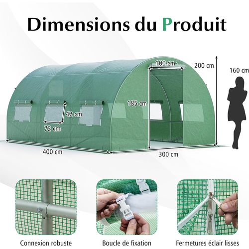 Serre De Jardin Tunnel 600x300x200 Cm Cadre En Acier Galvanisé Robuste, Serre Tunnel Coupe-vent