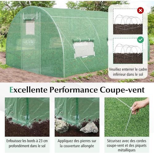 Serre De Jardin Tunnel 600x300x200 Cm Cadre En Acier Galvanisé Robuste, Serre Tunnel Coupe-vent