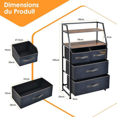 Commode En Tissu Avec 4 Tiroirs, 2 Étagères, Cadre En Métal Pour Salon, Entrée, 84 X 30 X 85 Cm