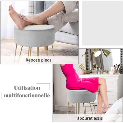 Pouf Moderne Rond En Velours Avec Pieds Métalliques Robustes - Gris