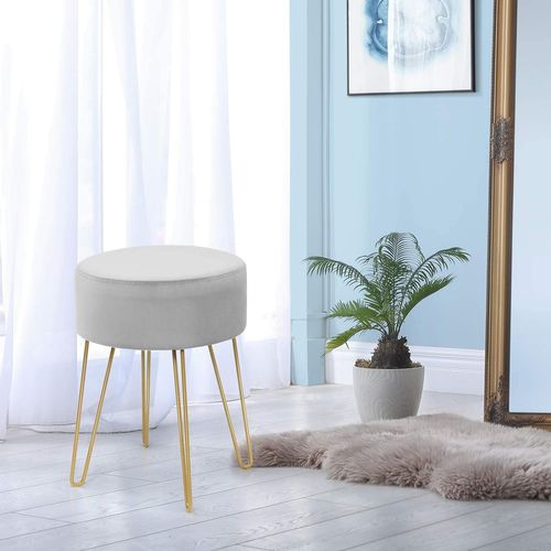 Pouf Moderne Rond En Velours Avec Pieds Métalliques Robustes - Gris