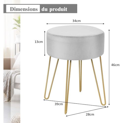 Pouf Moderne Rond En Velours Avec Pieds Métalliques Robustes - Gris