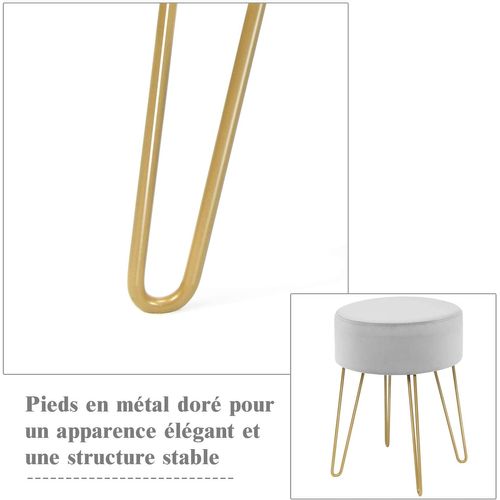 Pouf Moderne Rond En Velours Avec Pieds Métalliques Robustes - Gris