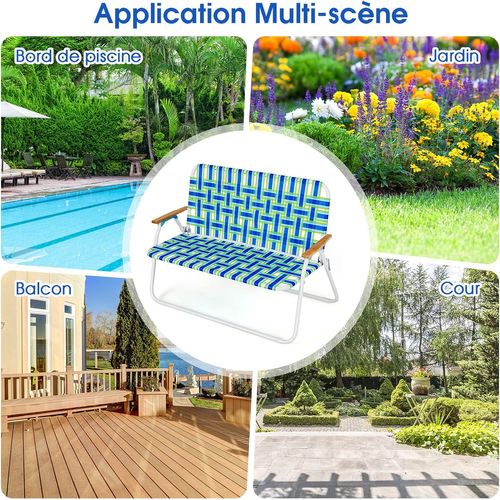 Chaise Pliante Camping 2 Personnes Charge 300 Kg, Fauteuil Pliant Camping Double Portable Bleu