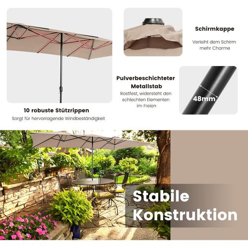 Parasol De Jardin Double XXL 426 X 265cm Poignée à Manivelle,sommet Ventilé Polyester Café