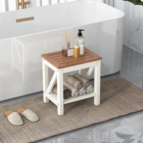 Tabouret Salle De Bain à 2 Niveaux Imperméable, Petit Tabouret De Douche Antidérapant, Brun Et Blanc