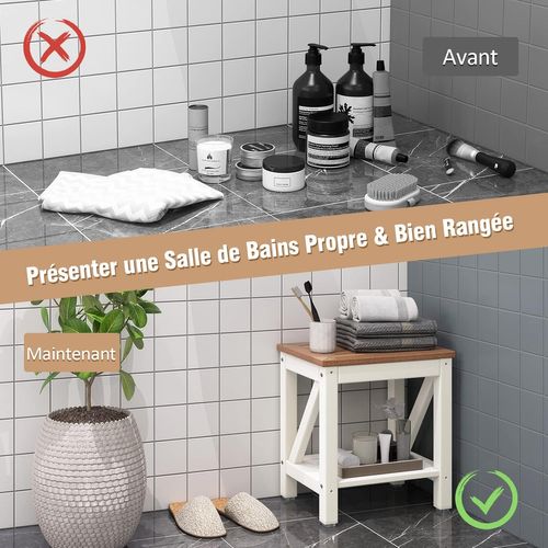 Tabouret Salle De Bain à 2 Niveaux Imperméable, Petit Tabouret De Douche Antidérapant, Brun Et Blanc