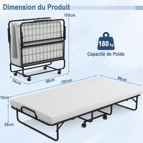 Lit Pliant 1 Personne Adulte 191x96cm Avec Matelas En Mousse