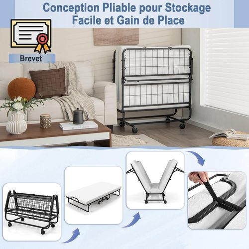Lit Pliant 1 Personne Adulte 191x96cm Avec Matelas En Mousse