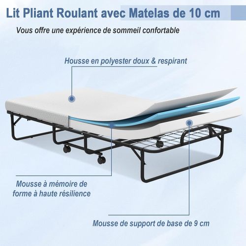 Lit Pliant 1 Personne Adulte 191x96cm Avec Matelas En Mousse