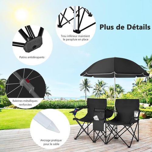 Chaise De Camping Pliante, Fauteuil De Jardin 2 Places,152x52x85cm, Charge Max 113 Kg (noir)