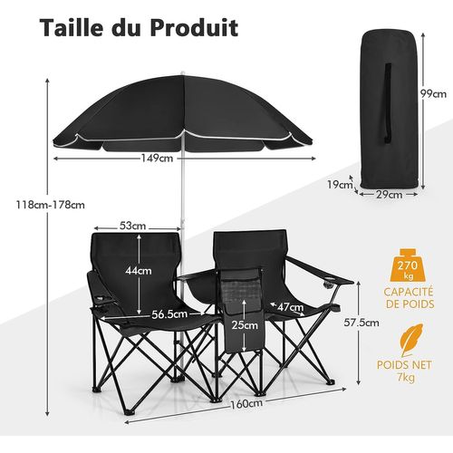 Chaise De Camping Pliante, Fauteuil De Jardin 2 Places,152x52x85cm, Charge Max 113 Kg (noir)