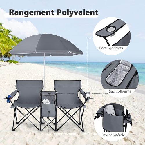 Chaise De Camping Pliante, Fauteuil De Jardin 2 Places Avec Glacière (gris)