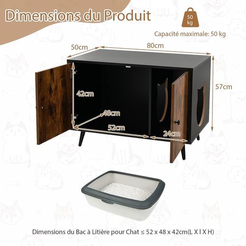 Maison De Toilette Pour Chat à Double Portes, Meuble Cache Litiere Chat Industriel 80x50x57cm