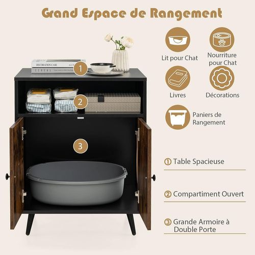 Maison De Toilette Pour Chat à Double Portes Et 2 Étagères, 60 X 45 X 75 Cm