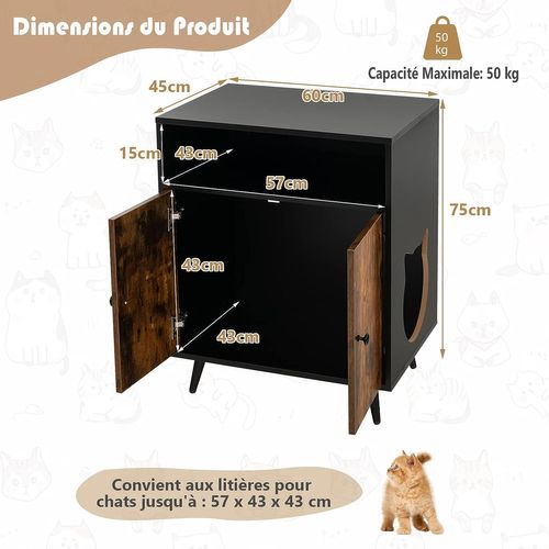 Maison De Toilette Pour Chat à Double Portes Et 2 Étagères, 60 X 45 X 75 Cm