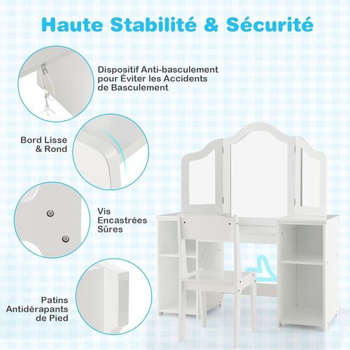 2 En 1 Coiffeuse Et Chaise Enfants Avec Miroir Amovible à Trois Volets,Blanc