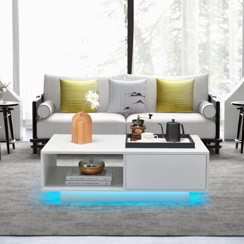 Table Basse Laquée LED 20 Couleurs, Table Basse Blanche Avec Grand Tiroir Et Compartiment, (blanc)