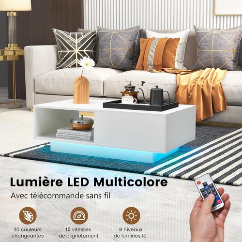 Table Basse Laquée LED 20 Couleurs, Table Basse Blanche Avec Grand Tiroir Et Compartiment, (blanc)