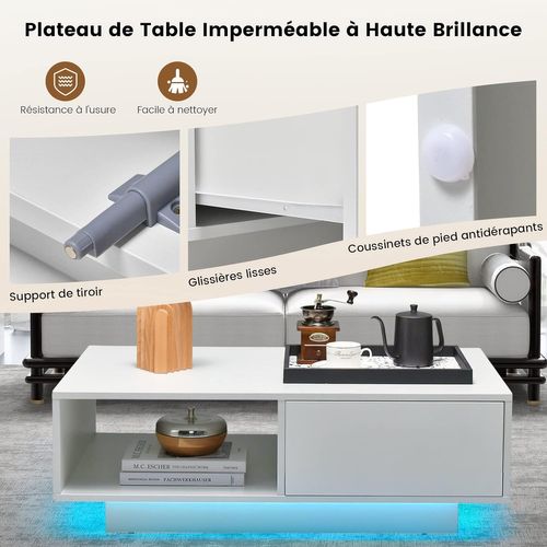 Table Basse Laquée LED 20 Couleurs, Table Basse Blanche Avec Grand Tiroir Et Compartiment, (blanc)