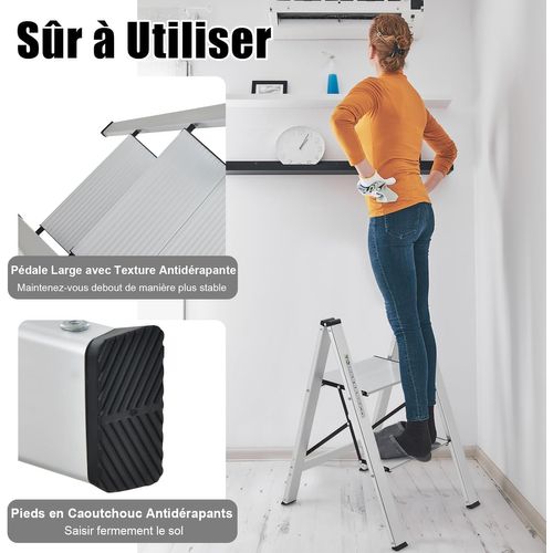 Marchepied Pliable 2 Marches En Aluminium, Escabeau Portable Charge 150kg(49 X 44 X 66 Cm)