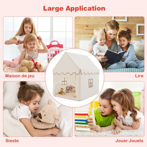 Tente De Jeux Enfant Intérieur Extérieur Avec Tapis Antidérapant,Cadre en Bois,Beige
