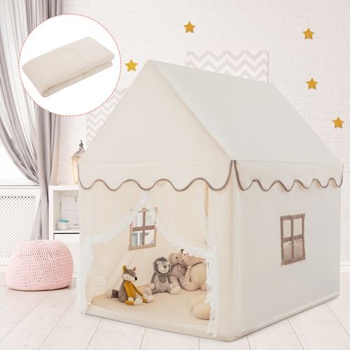 Tente De Jeux Enfant Intérieur Extérieur Avec Tapis Antidérapant,Cadre en Bois,Beige