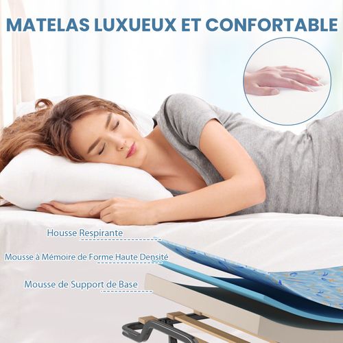 Lit Pliant Avec Matelas 10 Cm Épais, Lit Pliant D'appoint 90 X 200cm Sur Roulettes Bleu