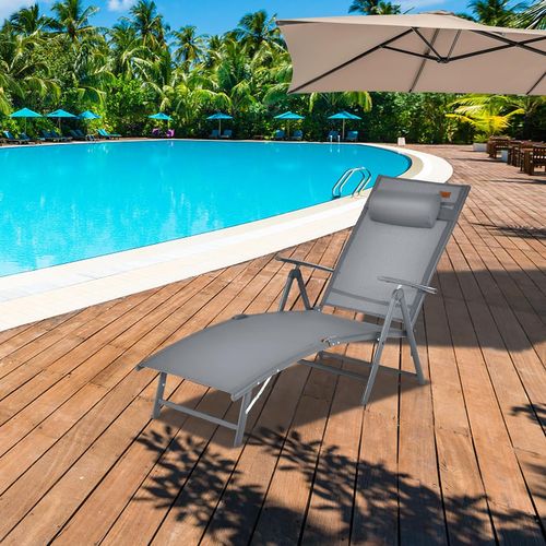 Chaise Longue Pliante, Transat Inclinable Portable Avec Dossier Réglable Sur 7 Positions(gris)