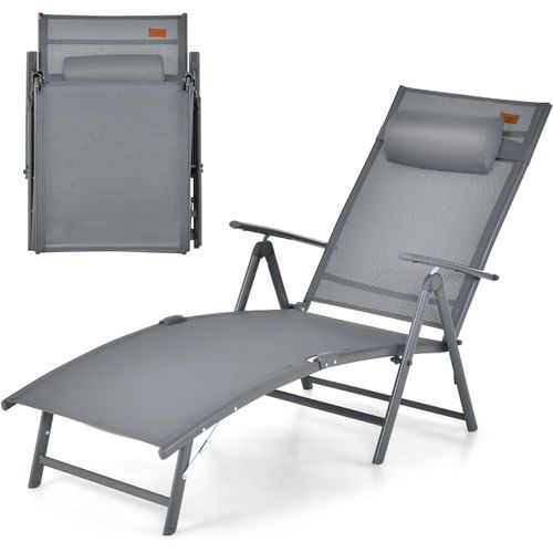Chaise Longue Pliante, Transat Inclinable Portable Avec Dossier Réglable Sur 7 Positions(gris)