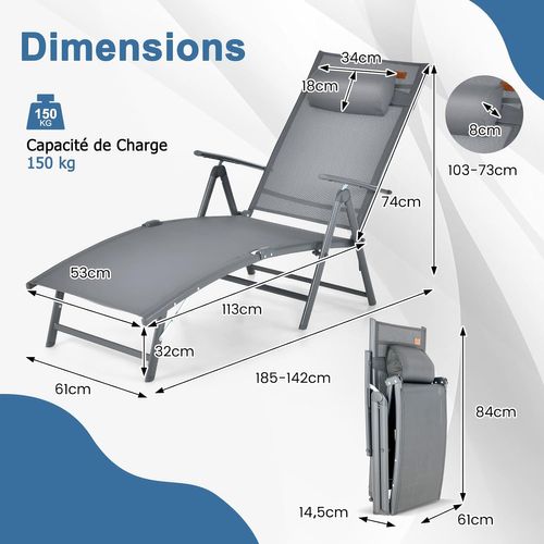 Chaise Longue Pliante, Transat Inclinable Portable Avec Dossier Réglable Sur 7 Positions(gris)
