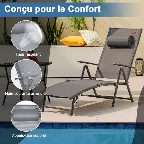 Chaise Longue Pliante, Transat Inclinable Portable Avec Dossier Réglable Sur 7 Positions(gris)