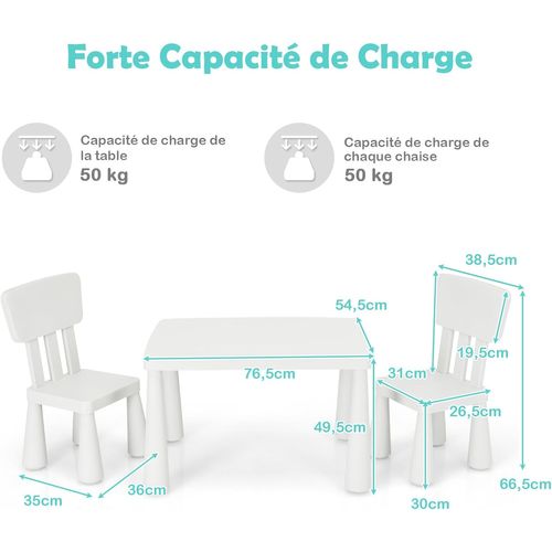 Table Et Chaises Enfants 1-7 Ans Avec Dossier Ergonomique, Charge 50kg, 76,5x54,5x49,5cm, Blanc