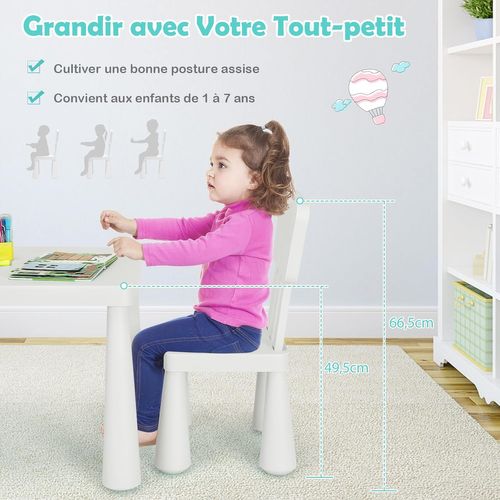 Table Et Chaises Enfants 1-7 Ans Avec Dossier Ergonomique, Charge 50kg, 76,5x54,5x49,5cm, Blanc