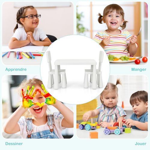 Table Et Chaises Enfants 1-7 Ans Avec Dossier Ergonomique, Charge 50kg, 76,5x54,5x49,5cm, Blanc