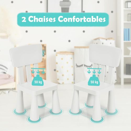 Table Et Chaises Enfants 1-7 Ans Avec Dossier Ergonomique, Charge 50kg, 76,5x54,5x49,5cm, Blanc