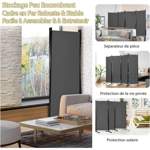 Paravent Intérieur Pliable 4 Panneaux 220x173cm, Cloison De Séparation Séparateur De Pièce En Tissu