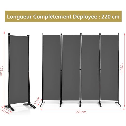Paravent Intérieur Pliable 4 Panneaux 220x173cm, Cloison De Séparation Séparateur De Pièce En Tissu