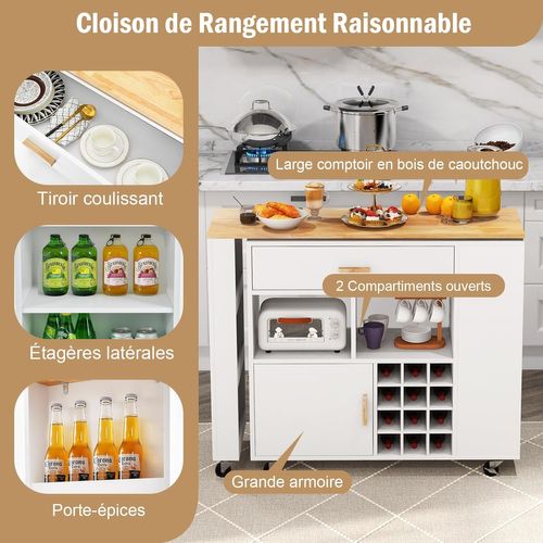 Ilot Central De Cuisine2 En 1, Meuble De Bar, Desserte Sur Roulettes Blanc