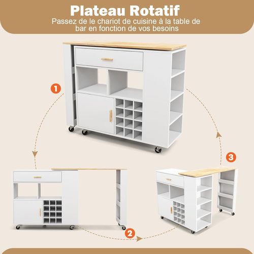 Ilot Central De Cuisine2 En 1, Meuble De Bar, Desserte Sur Roulettes Blanc