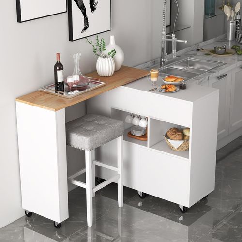 Ilot Central De Cuisine2 En 1, Meuble De Bar, Desserte Sur Roulettes Blanc