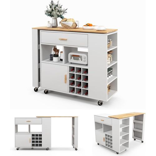 Ilot Central De Cuisine2 En 1, Meuble De Bar, Desserte Sur Roulettes Blanc